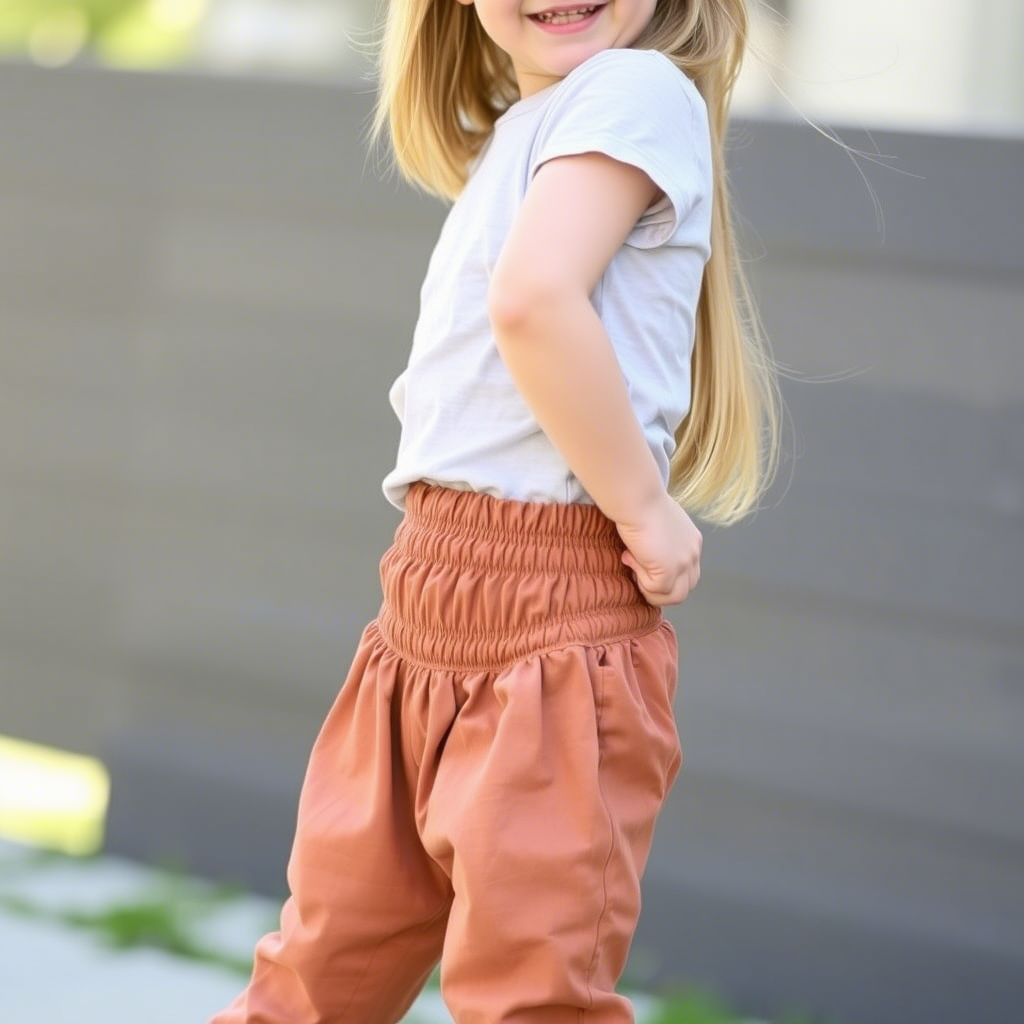 Young girl wearing adjustable waist kids pants with elastic bands, smiling while playing outside.