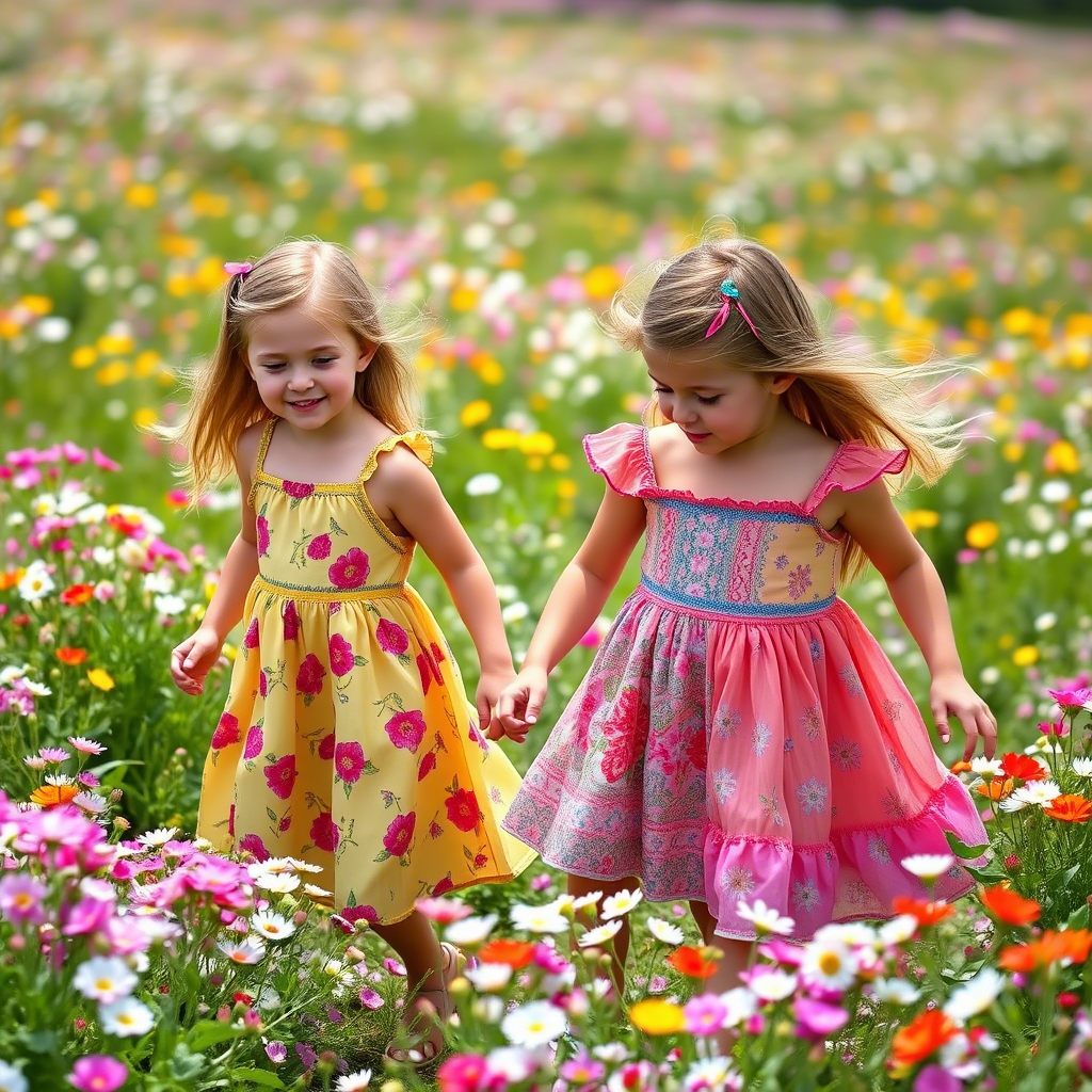 Young girls wearing colorful sundresses playing in a flower field