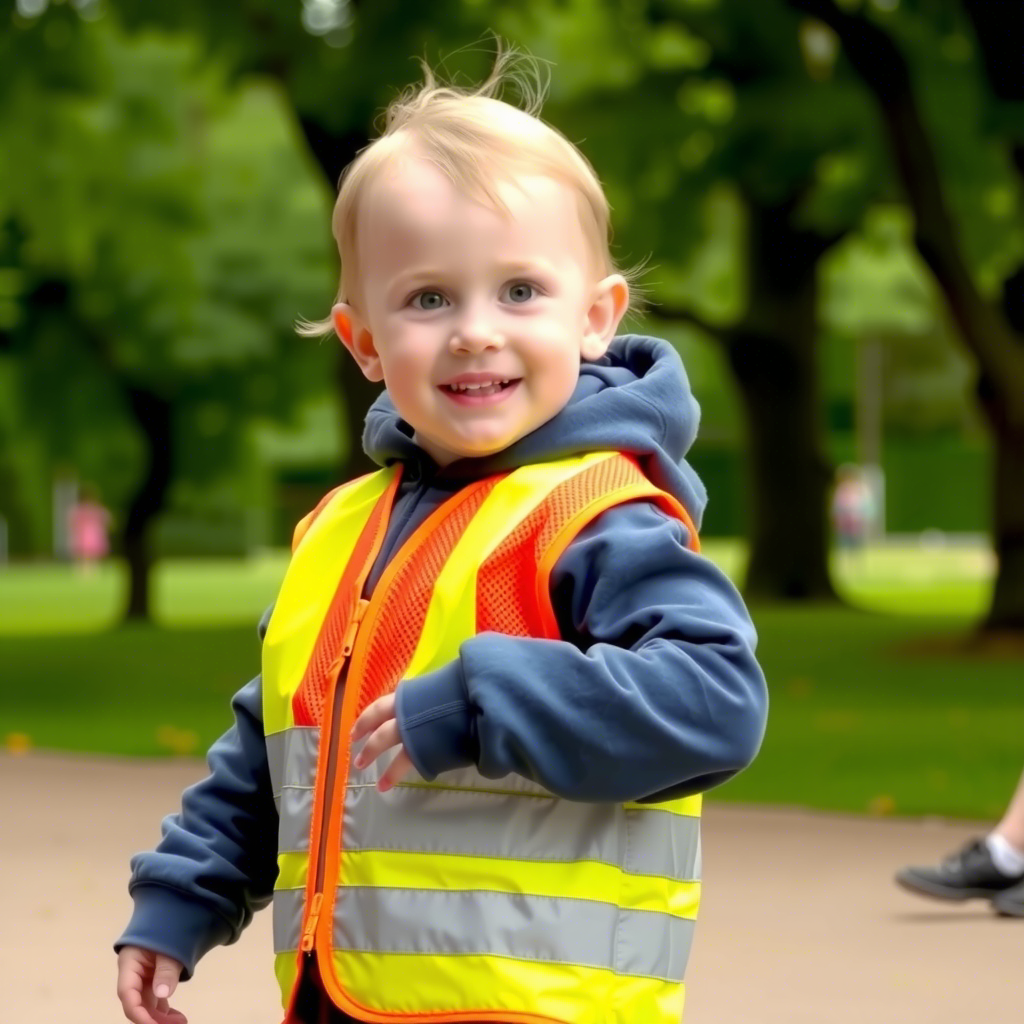 1. A young child wearing bright orange safety vest while playing outside in a park.