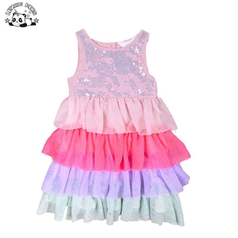 New Arrival Summer Sleeveless Pink Girls Sequin Layered Tulle Tutu Dress