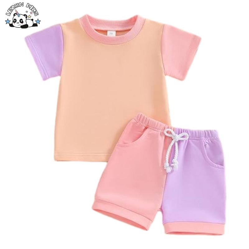 Latest Design Girls Color Block Summer T Shirt Long Sleeve Sweet Style Fabric Cartoon Pattern Girls Clothing Set