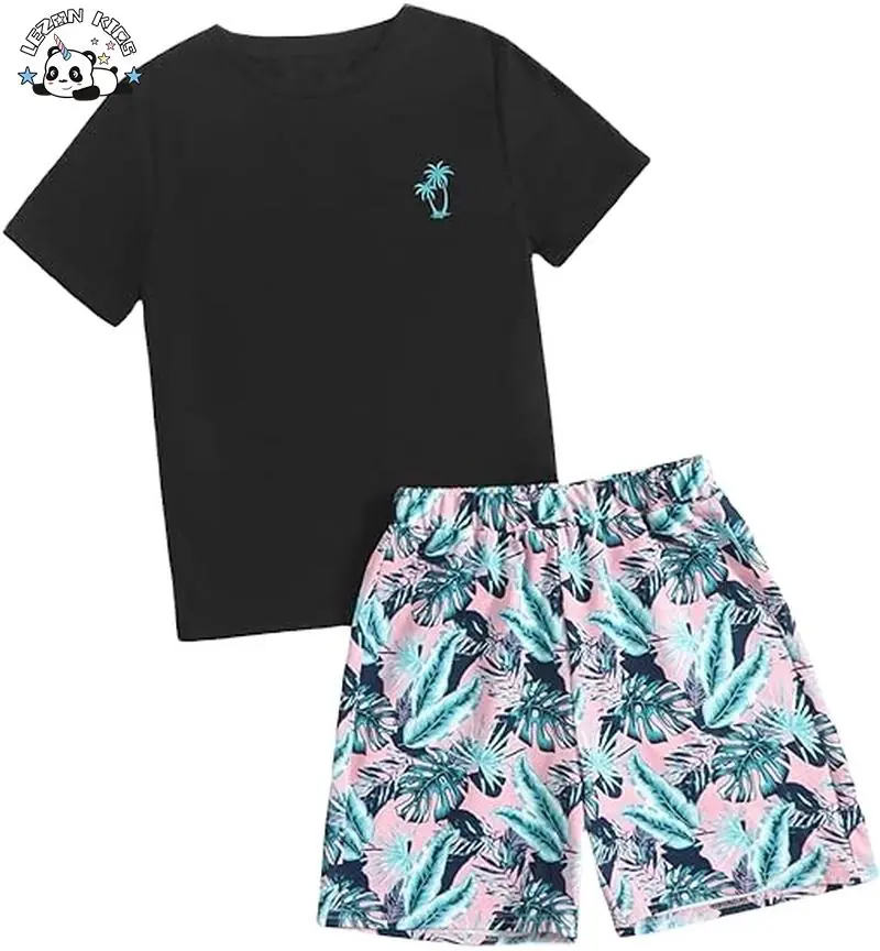 Customized Color Hot Sale Summer Tropical Print Short Sleeve T Shirt and Shorts