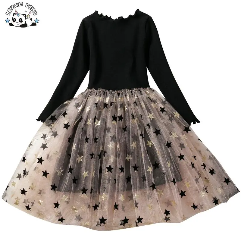 New Style Custom Long Sleeve Knitted Elastic Star Printed Sequin Tutu Dresses for Girls Kids
