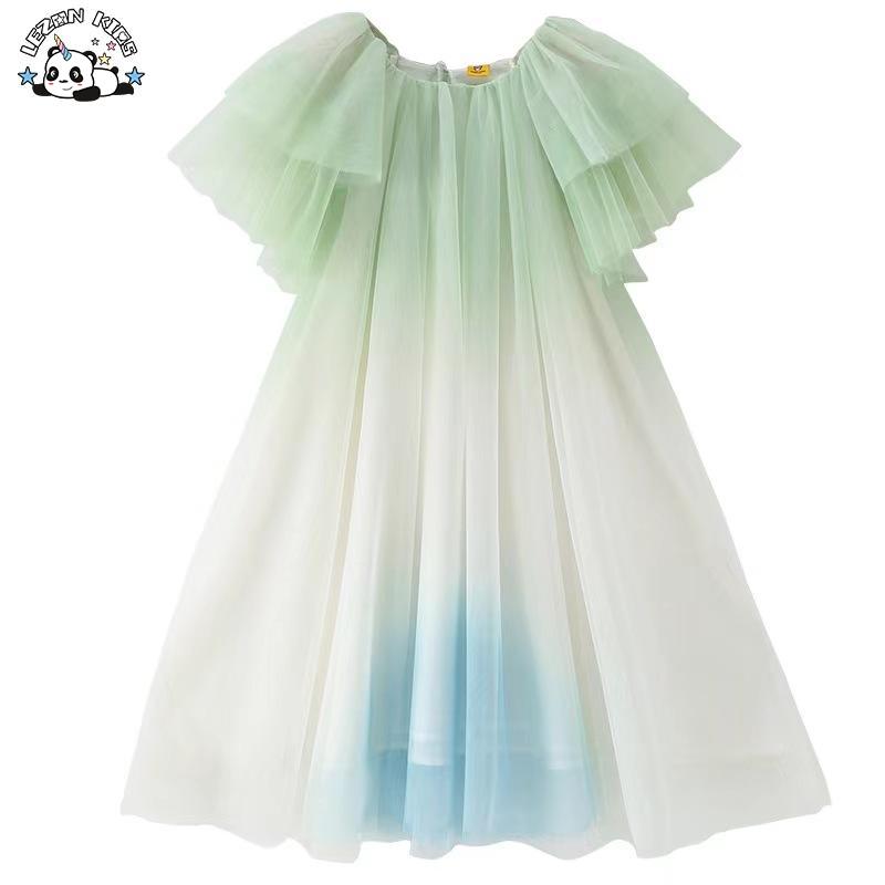 Customizable Girls’ Short Sleeve Tulle Dress Gentle Ruffle Puffy Layer Fashionable Print Lace Dress