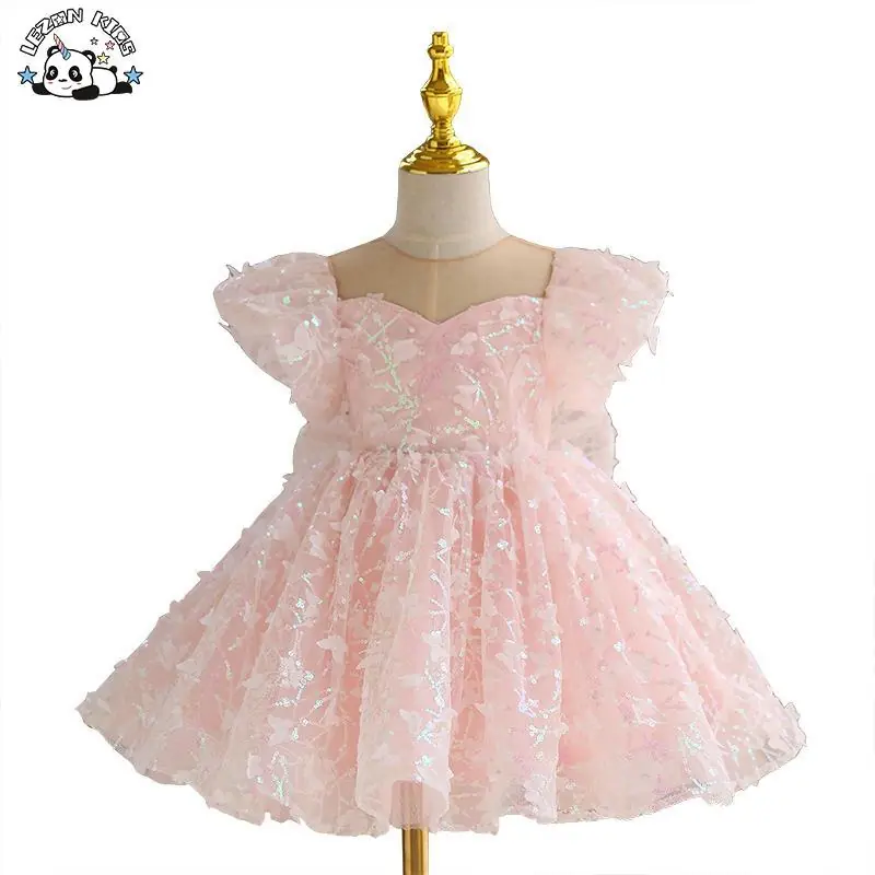 Customizable Ins Customized Shiny Solid Butterfly Flying Sleeve Girls Sequin Tulle Dress for Summer