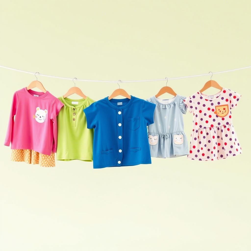 Vibrant children's clothing combinations displayed on a clothesline