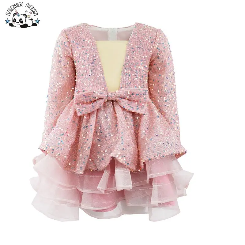 Sequins Mesh Girls Tutu Dress Princess Vintage Long Sleeve Wedding Party Birthday Tutu Dress