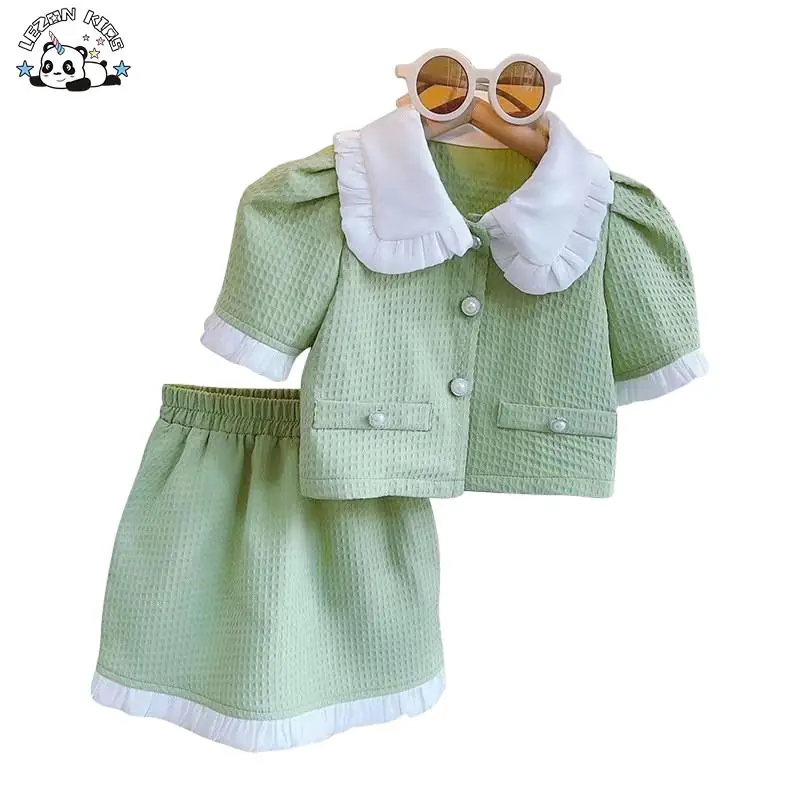 OEM/ODM Customizable Sweet Green Luxury Button Little Girls Summer Clothing Sets