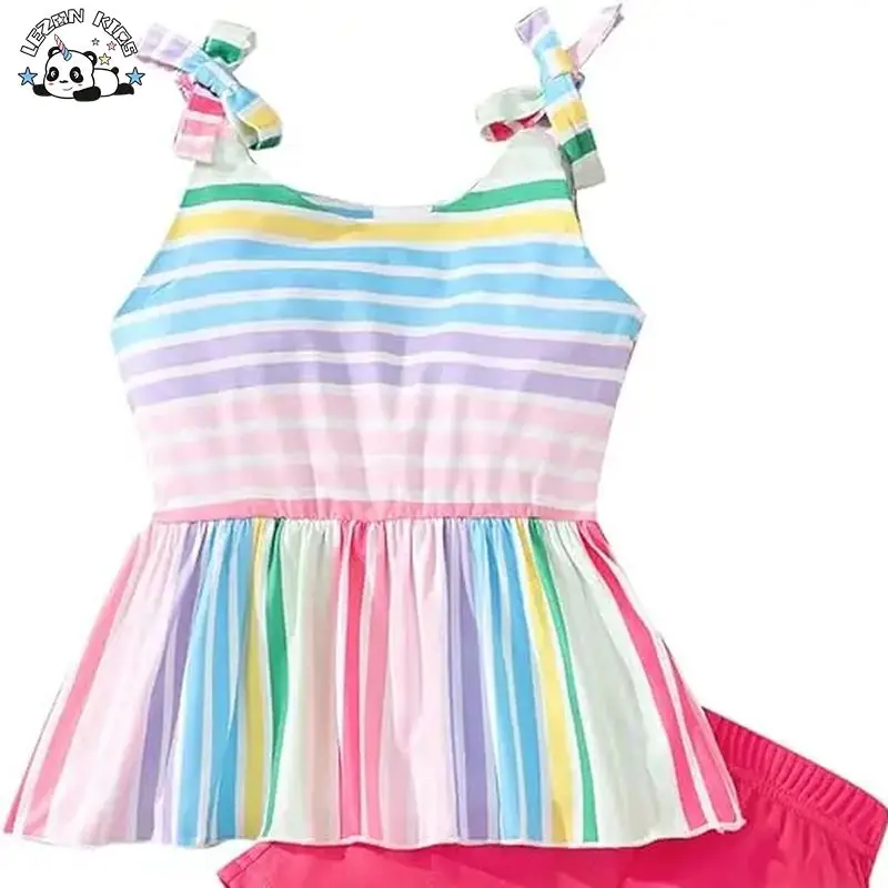 Customizable Wholesale New Products Cute rainbow Suspenders T-shirt and Shorts Little Girls Clothing Sets