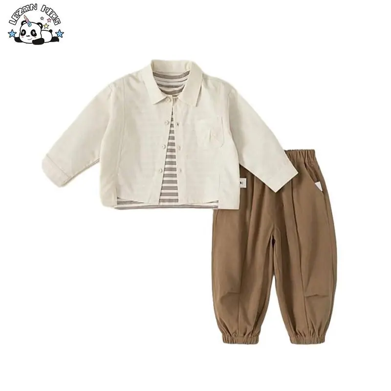 Customizable Stylish Long Sleeve Solid Shirt Jacket and Pants Two Pieces Boys Clothing Sets