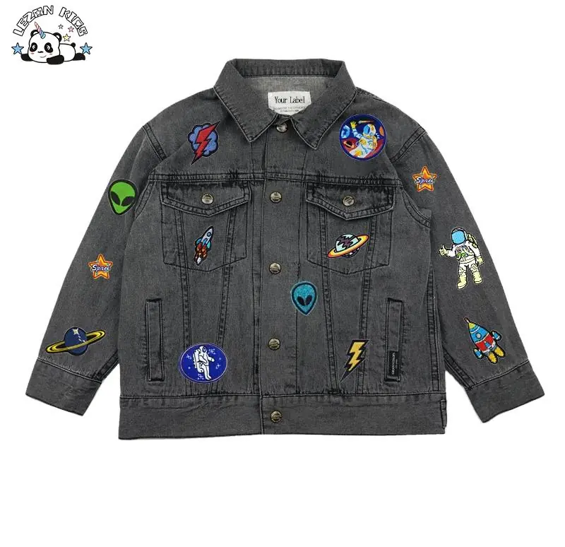 Custom Acid Washed Distressed Dinosaur Tiger Spaceship Astronaut Alien Patchwork Denim Jacket for Kids