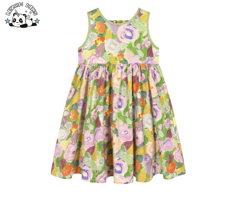 Kid Girls’ Dress Customizable Summer New Fashion Colorful Printing Cotton Sleeveless Princess Dress