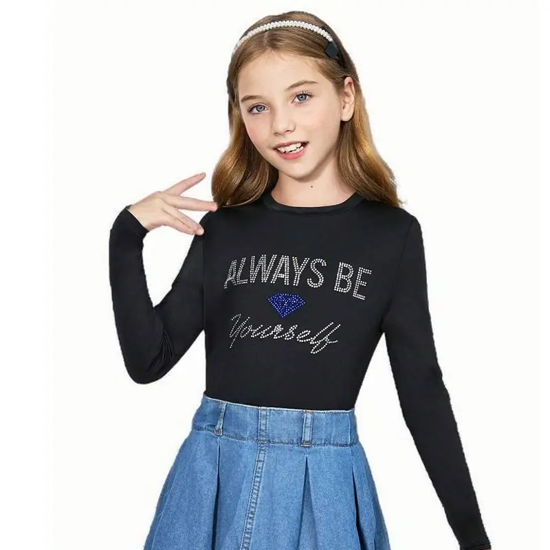 Custom Tween Girl Rhinestone Alphabet Black Long Sleeve Top