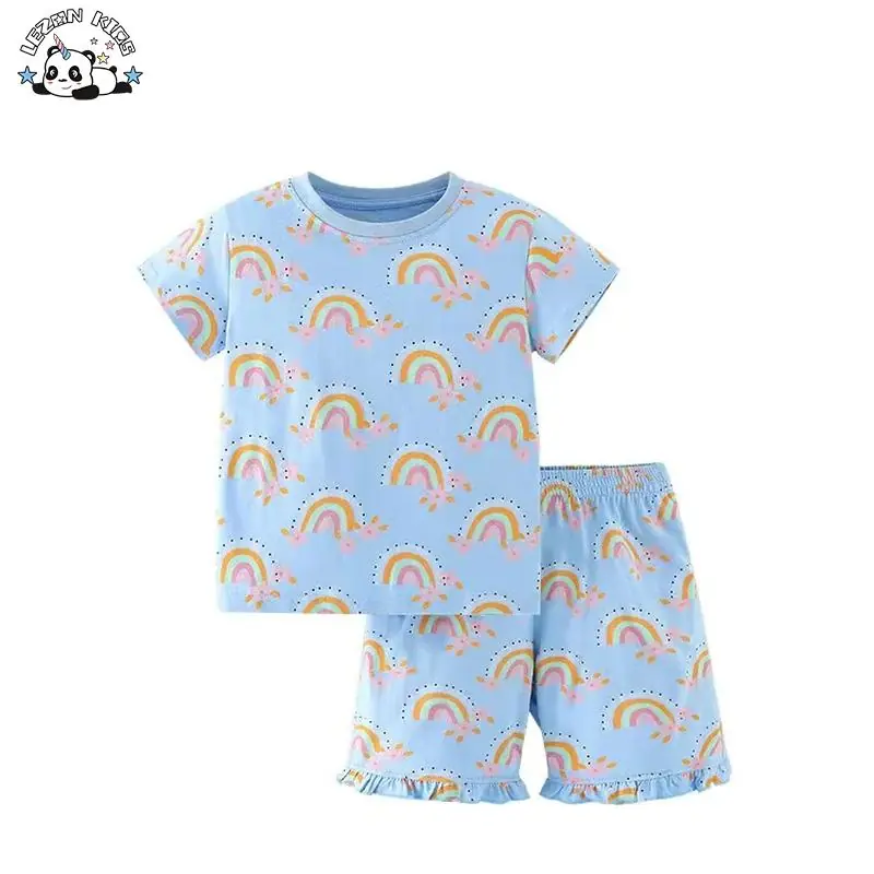OEM Customizable Factory Direct Price Blue 2pcs Cute rainbow Printing Girls Boutique Clothing Sets for Summer