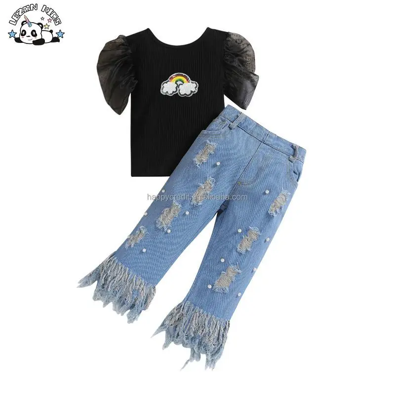Customizable Ruffle T Shirt and Long Pant 2 Pieces Little Girls Summer Clothing Sets