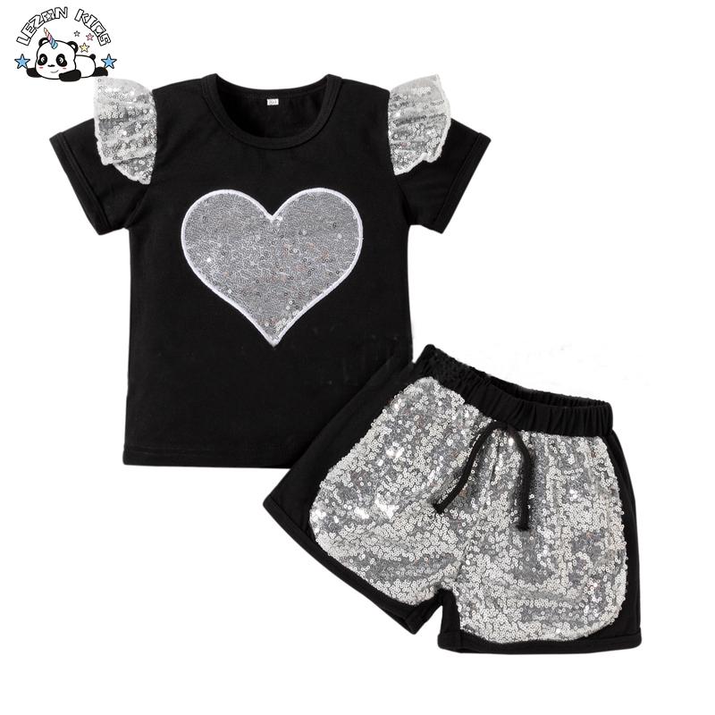 Professional Factory Shortsleeve Cotton Fabric Silver Color Hart Sequined Summer Girls Sets