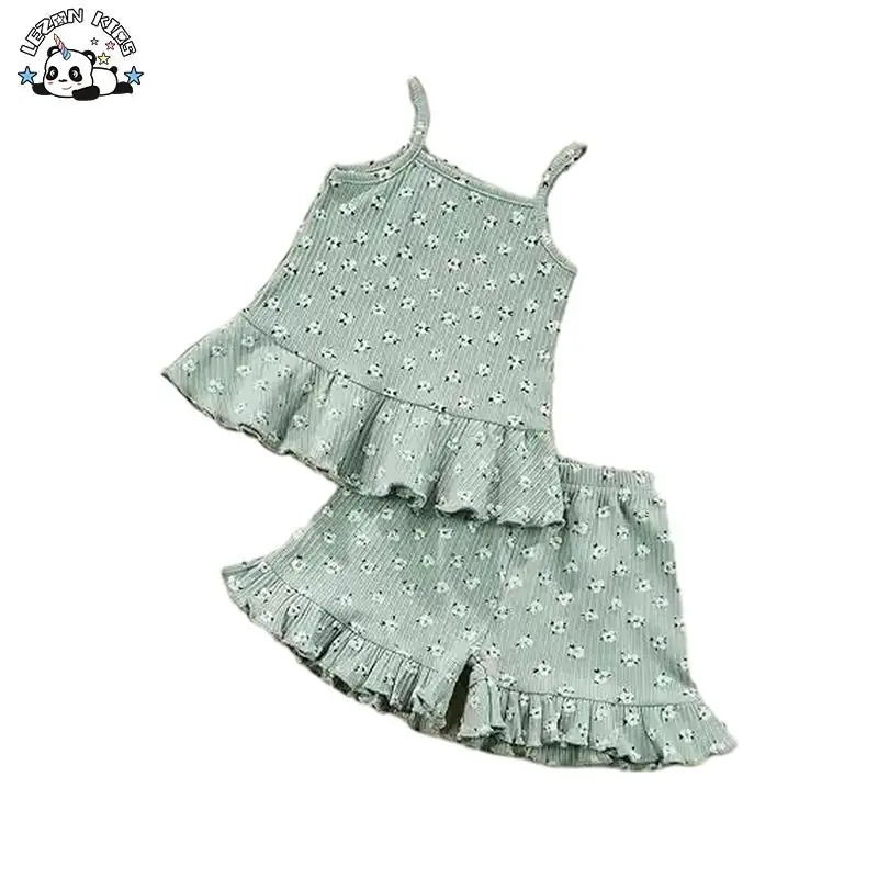 Customizable Summer Girls Clothing Set Floral Ruffled Strap Crop Tops Shorts Pants