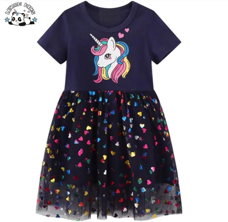 OEM Customizable Colorful Heart Foil Printing Unicorn Dress Short Sleeves Unicorn Girls Dress