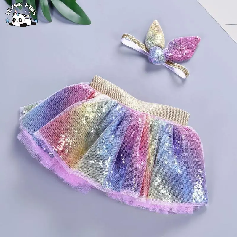 Factory Wholesale Cheap Custom Rainbow Sequin Skirt Kids TUTU Skirts Rainbow Girls Skirt for 2-14 Years
