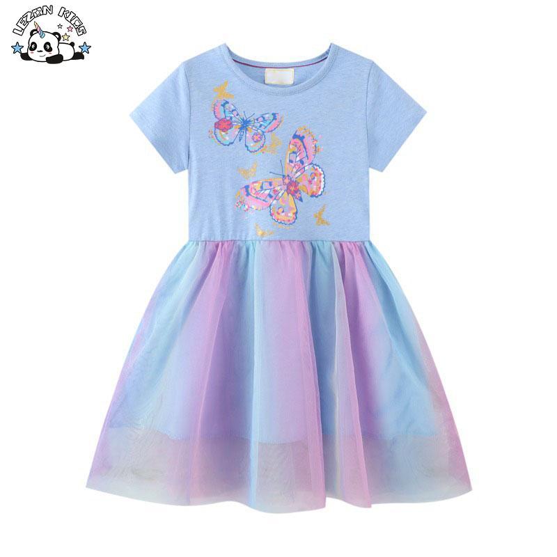 Color Customization Girls Short Sleeves Dress Unicorn Birthday Rainbow Girl Tulle Dress
