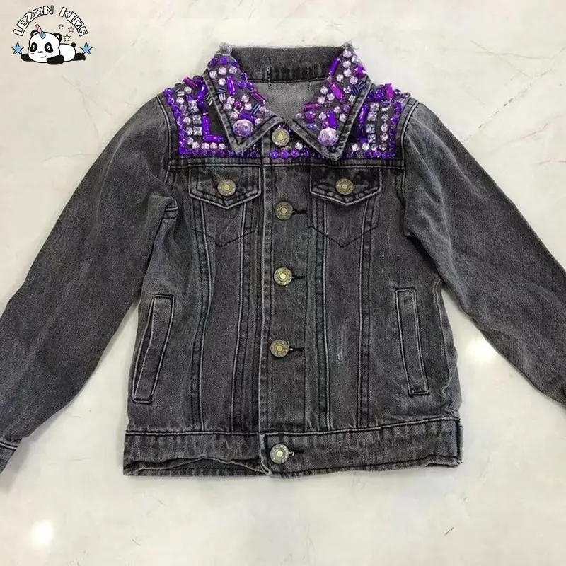 Custom Fashion Handmade Purple Beading Kids Denim Jacket for 2-14 Years