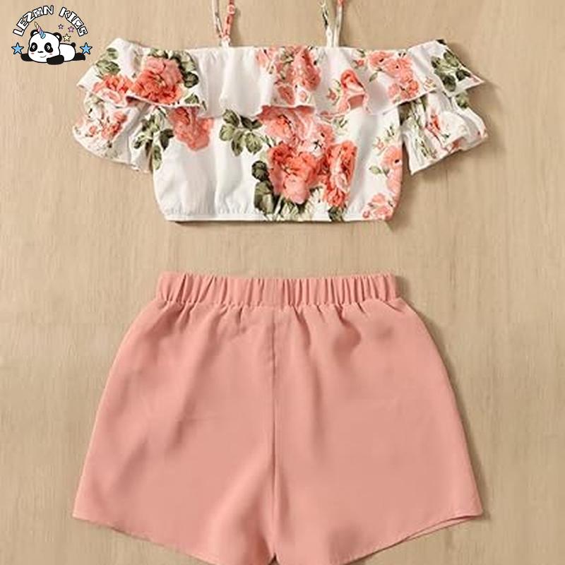 Customizable Hot Sale 2 Piece Outfits Floral Cold Shoulder Ruffle Short Sleeve Crop Top and Shorts Set for Girls