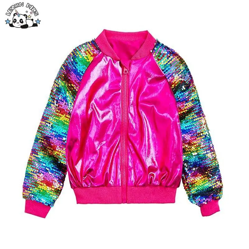 Customizable Latest Fashion Gorgeous Rainbow Outwear Kids Gold Sequin Bomber Girls Jacket for 2 to 14T