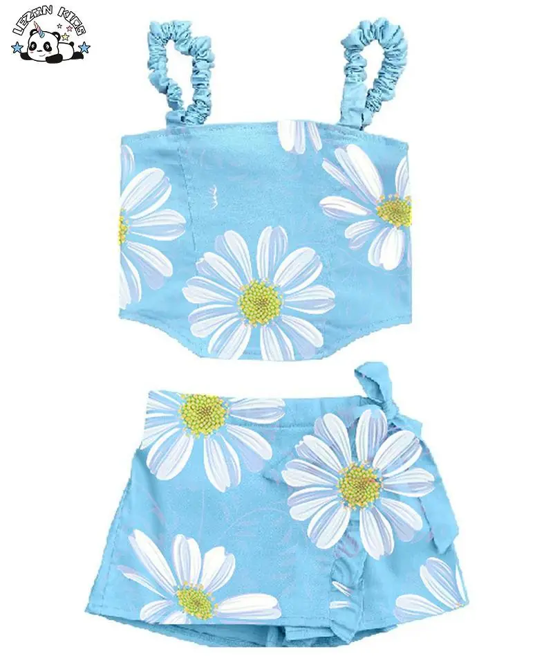 Customizable New Product Explosion Sweet Flowers Printing Blue 2pcs Outfit Girls Boutique Clothing Sets