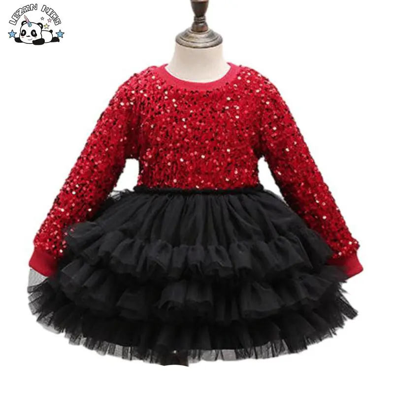 Custom Comfortable Long Sleeve Red Velvet Girl Princess Dress Sequin Tulle Dress for Girls