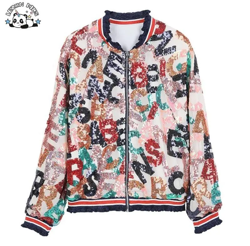 Customizable Mommy and Me Outfits Kids Clothing Rainbow Sequin Letters Varsity Bomber Jacket