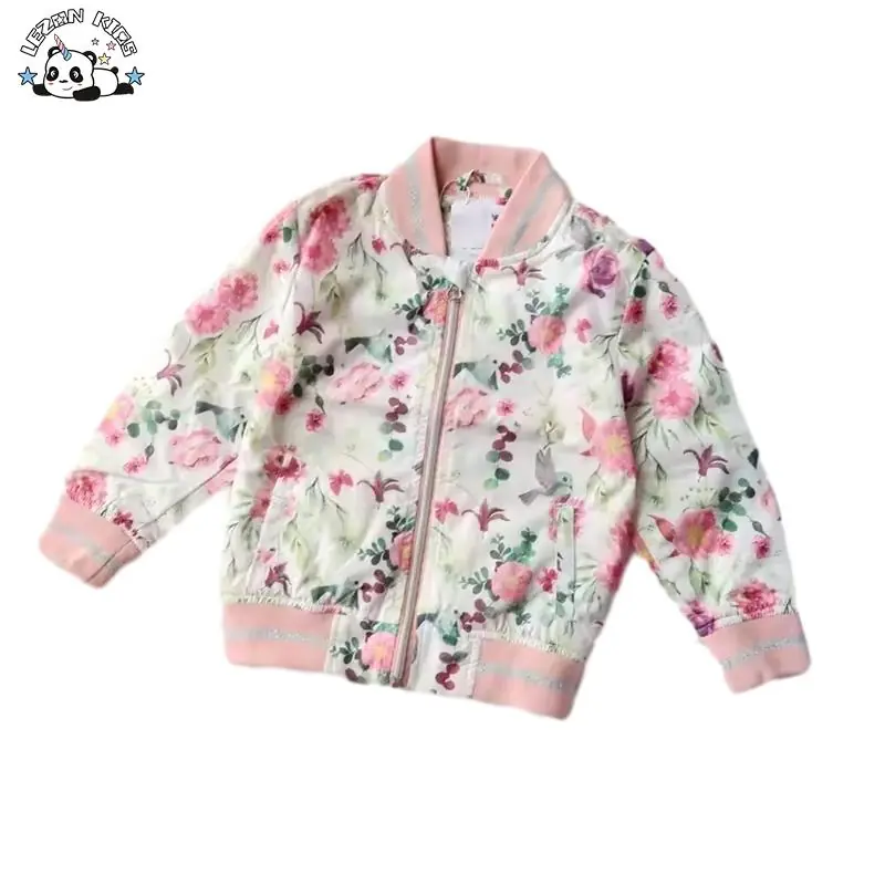 Custom New Style Children’s Clothing 3-12 Years Girls Bomber Jacket Lovely Flower Print Zipper Jacket