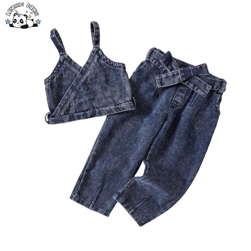 Factory Direct Price Custom 2pcs Denim Spaghetti Strap and Pants Little Girls Summer Clothing Sets