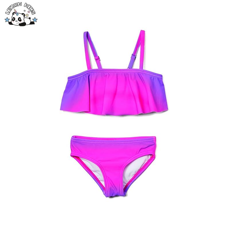 Girls Elastic Fabric Swim Set Gradient Pink Purple Ruffled Bikini