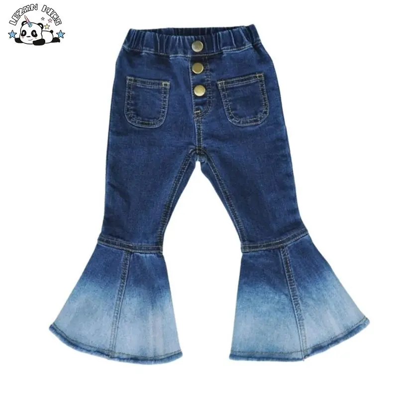 Customized Fashion Color Match Bell-Bottom Pants Children Retro Stitching Bump Flared Jeans for Girls