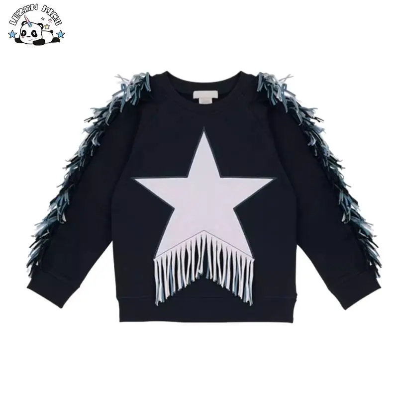 OEM Crew Neck Star Fringe Sleeves Pullover Kids Hoodie Girls Hoodies Sweatshirt for Fall