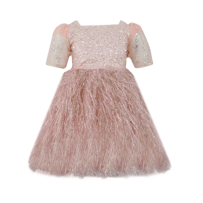 Pink – toned Sequin and Feather Princess Dress for Girls