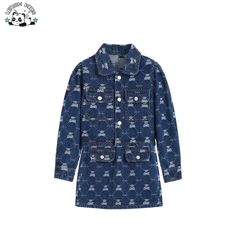 Custom Cute Little Girl 2 Piece Denim Set Embroidered Patches Kids Denim Sets