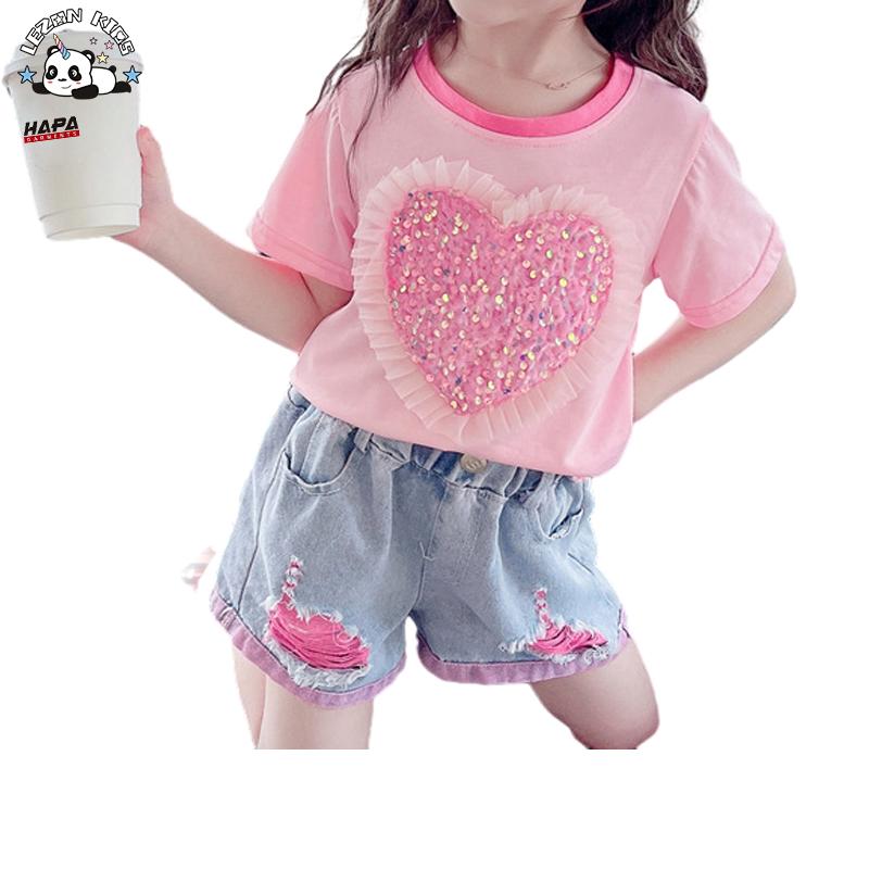 Hot Selling Little Girls Sequin Love Short Sleeve Sweet Two-piece Set Summer Denim Shorts Girls Set