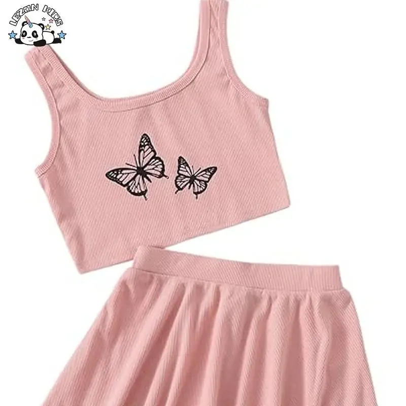 Customizable Hot Sale Butterfly Print Sleeveless Tank Top and Skirt Set