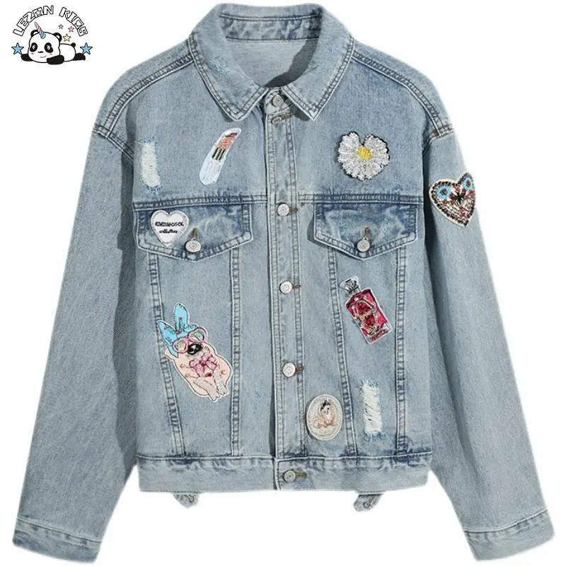 Customized Patchwork Children’s Outwear Embroidered Washed Denim Jacket for Kids