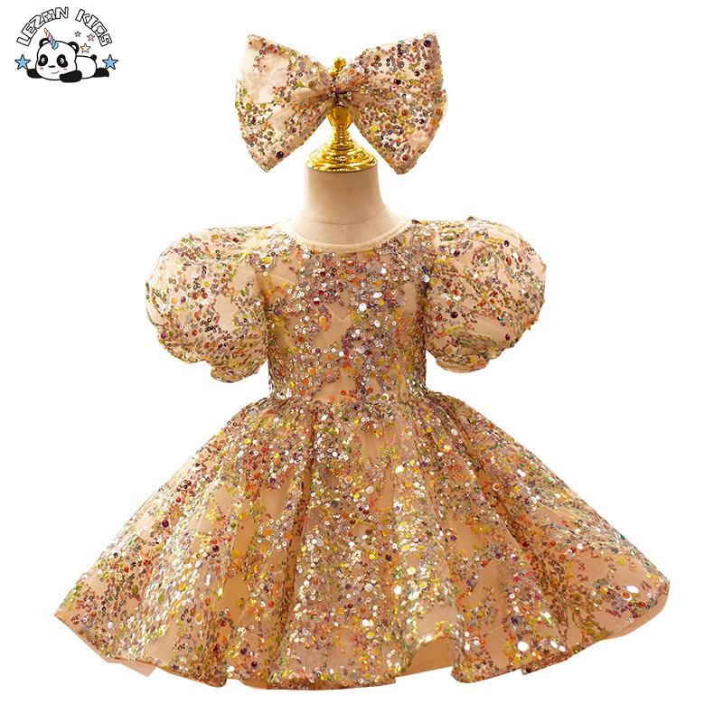 Shiny Children’s Poncho Dress Little Girl Flower Child Wedding Bubble Sleeve Princess Dress Sequins Baby’s 12 Month Dress