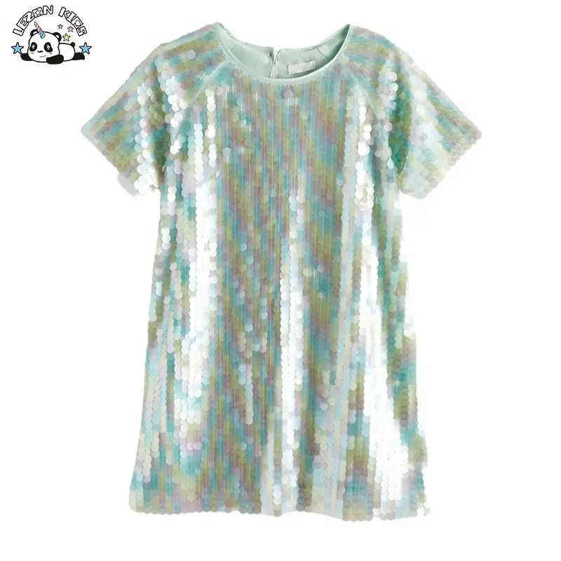 Customizable Girl Summer Short Sleeve Colorful Sequin Princess Dresses