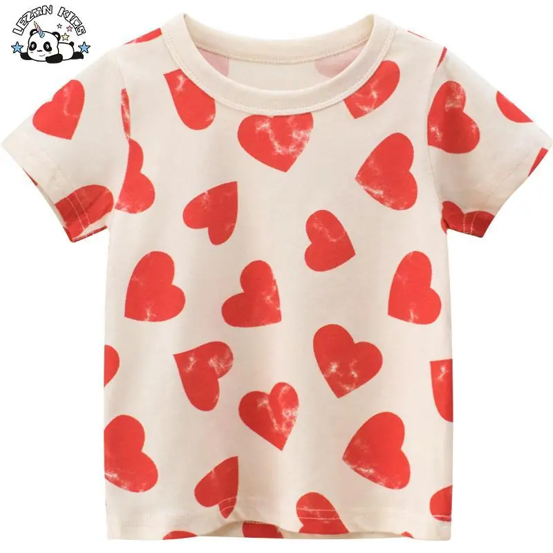 Customizable Own Brand Round Collar Heart Pattern Print Sleeved Short Shirt Girls Causal t Shirt for Kids