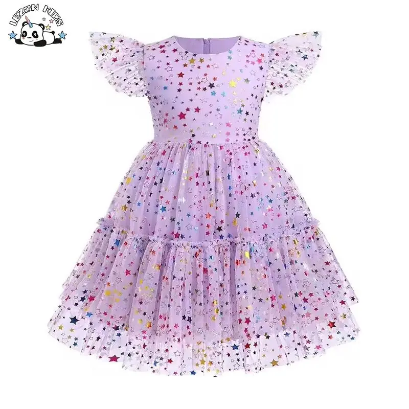 New Fashion 2024 Girls Sequin Tulle Dress Rainbow Star Ruffle Sparkle Toddler Girl Kids Wedding Gown Dresses in Summer