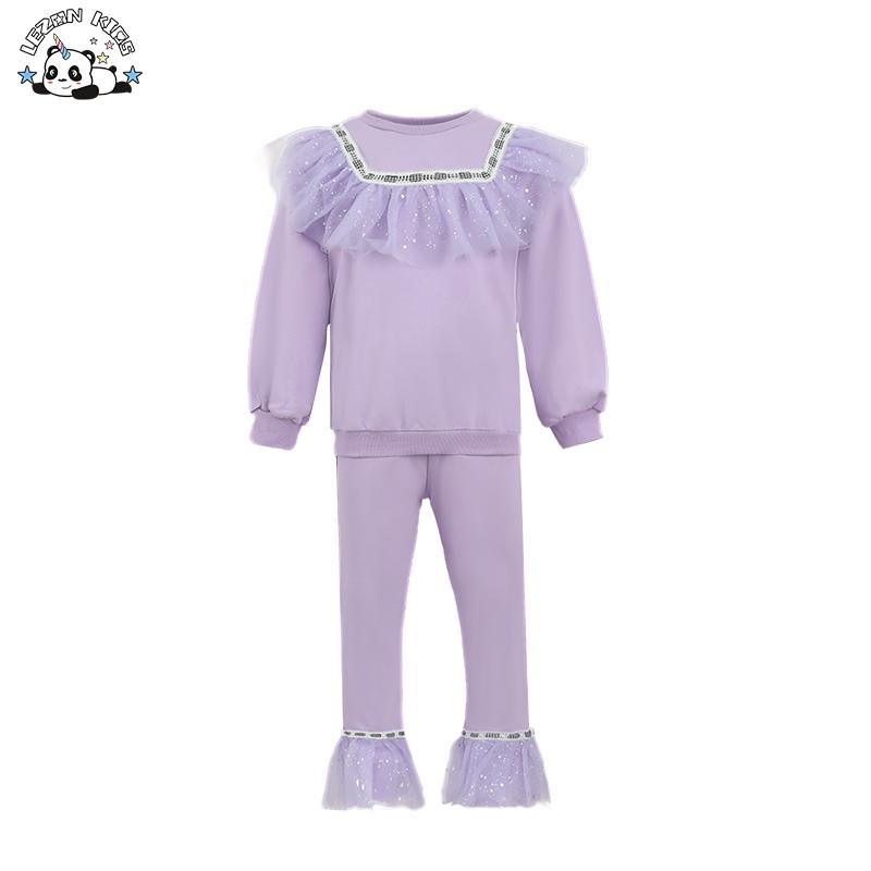 Custom Pearls Tulle Ruffle Sweatshirt Flares 2 Pieces Sets of Kids Girl