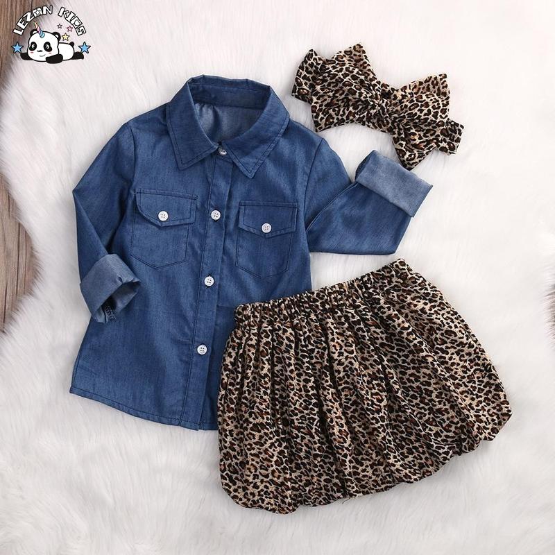 Customizable New Summer Kid Denim Tops+leopard Culotte Skirt Outfits
