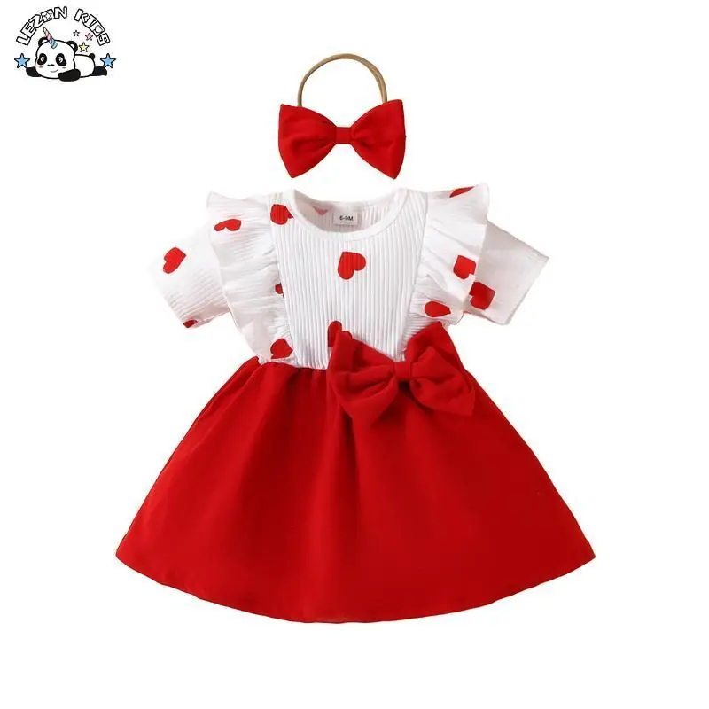 2024 New Fashion Short Sleeved Dress Baby Girl Ruffle love Bow Skirt Girls Dress for Valentine Day