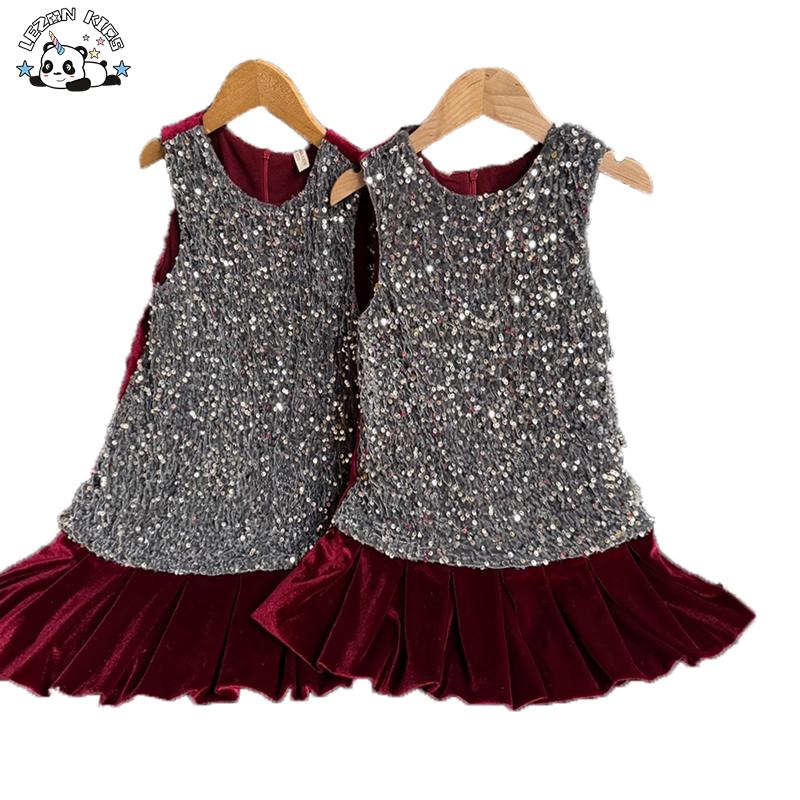 Stylish Sleeveless Girls Velvet Sequin Children Clothes