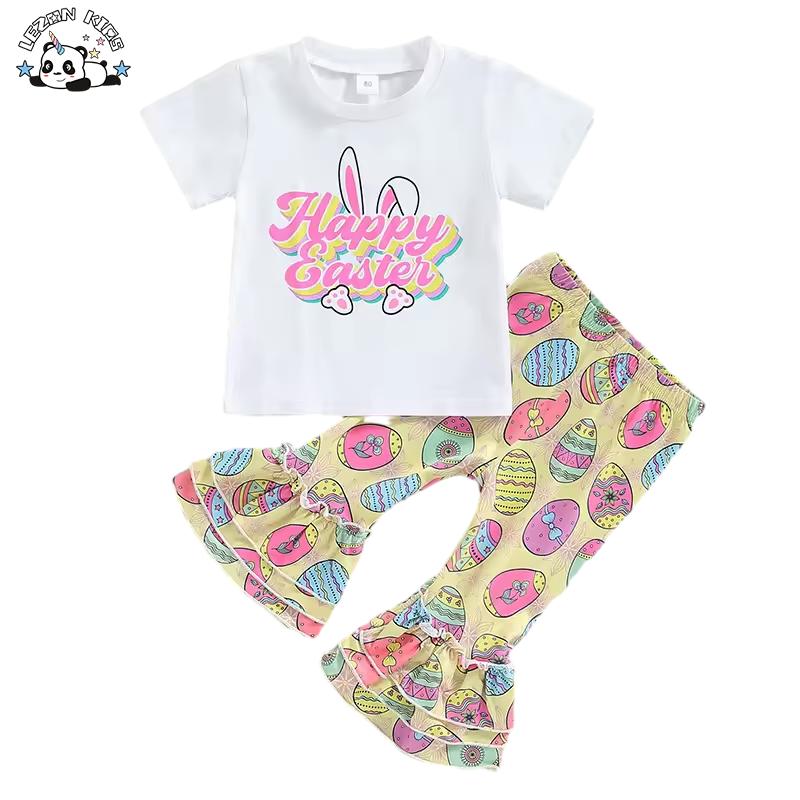 Easter Delight: New Girls Sweet Short-Sleeved Letter T-shirt and Egg Print Flared Pants
