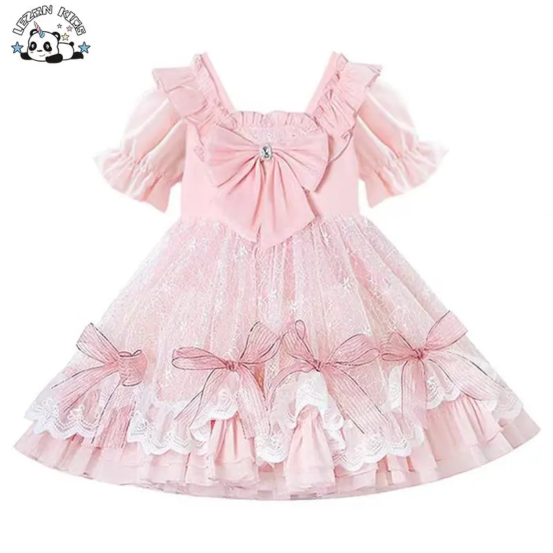 Customizable Wholesale New Innovations Latest Design pink Bows Bottom Lace Sequined Girls Dresses